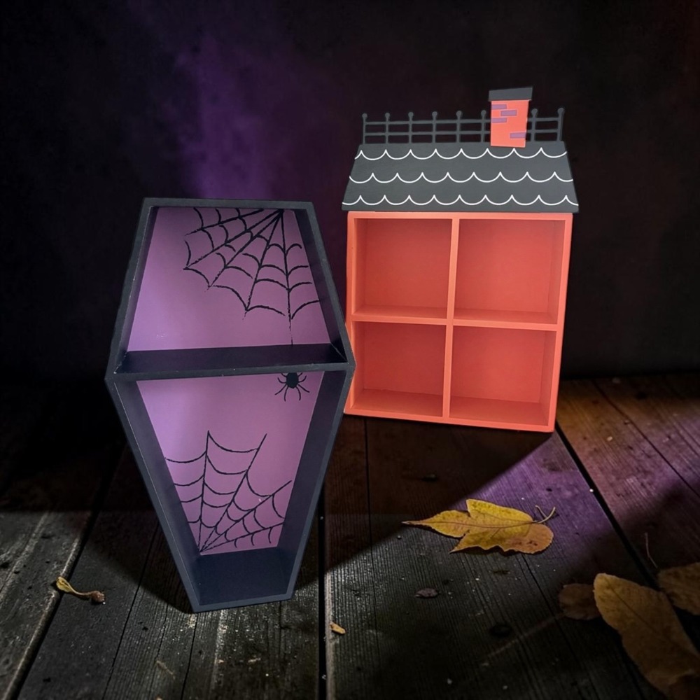 Halloween Coffin and Haunted House Decorative Wood Shelf Set Purple Orange Black